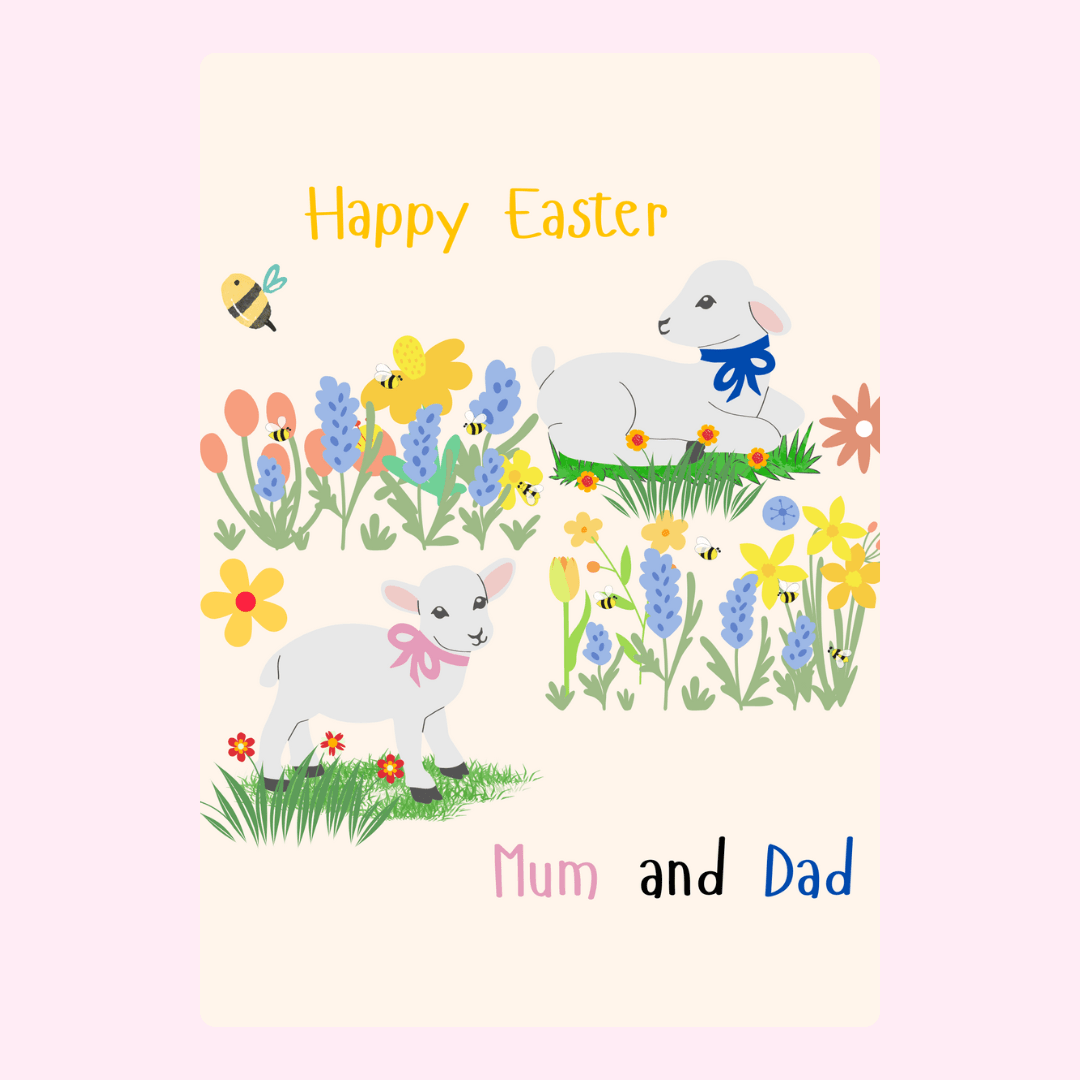 Illustrated "Happy Easter" card with lambs, flowers, and bees.