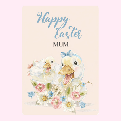 "Happy Easter Mum" card featuring two cute ducks and flowers.