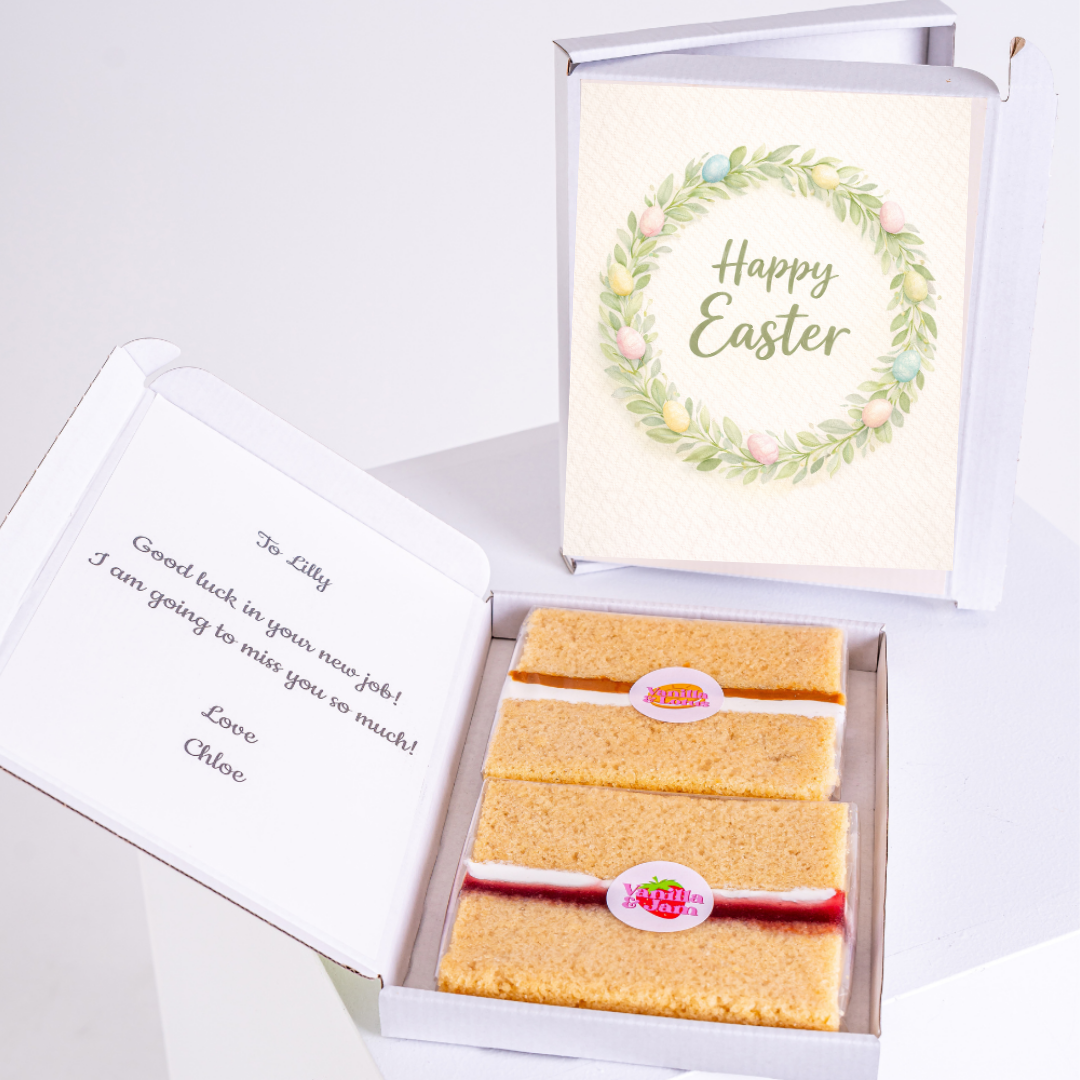 Easter card with a wreath design and cake box containing two cake slices.