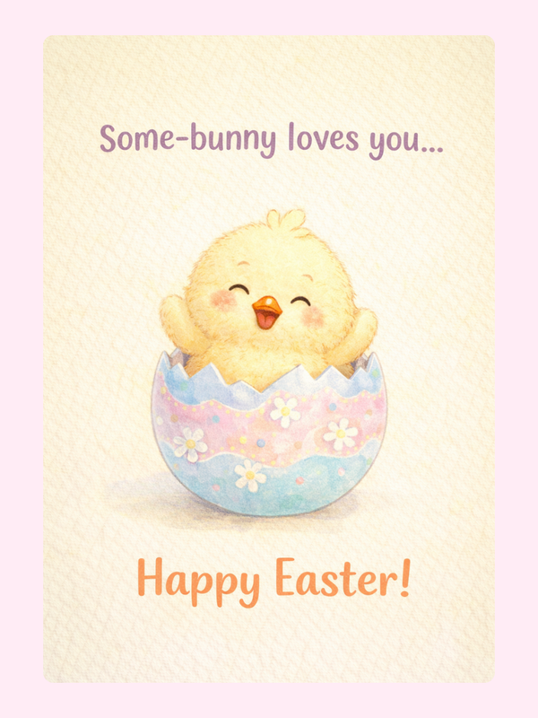 "Some-bunny loves you... Happy Easter!" card featuring a cute chick in an egg.