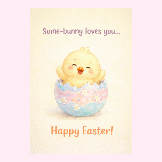 "Some-bunny loves you... Happy Easter!" card featuring a cute chick in an egg.