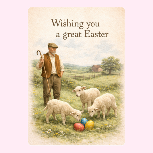 "Wishing you a great Easter" card with a lambs near Easter eggs.