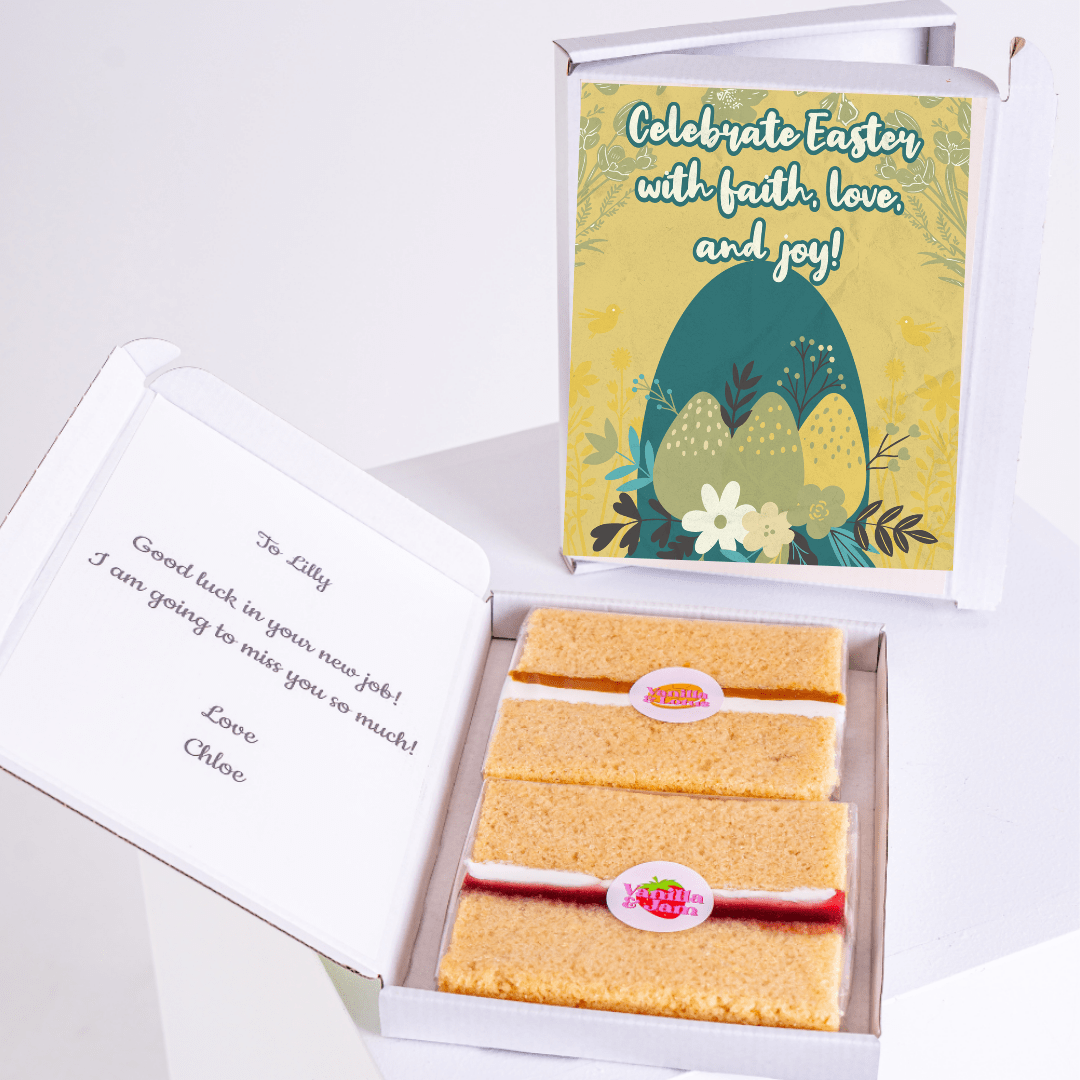 Cake card with Easter celebration design and personal message.