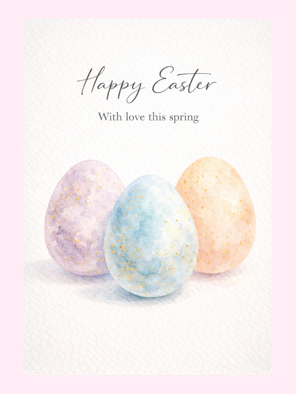 "Happy Easter with love this spring" card featuring pastel-colored eggs with a soft and peaceful background.