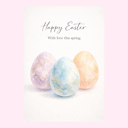 "Happy Easter with love this spring" card featuring pastel-colored eggs with a soft and peaceful background.