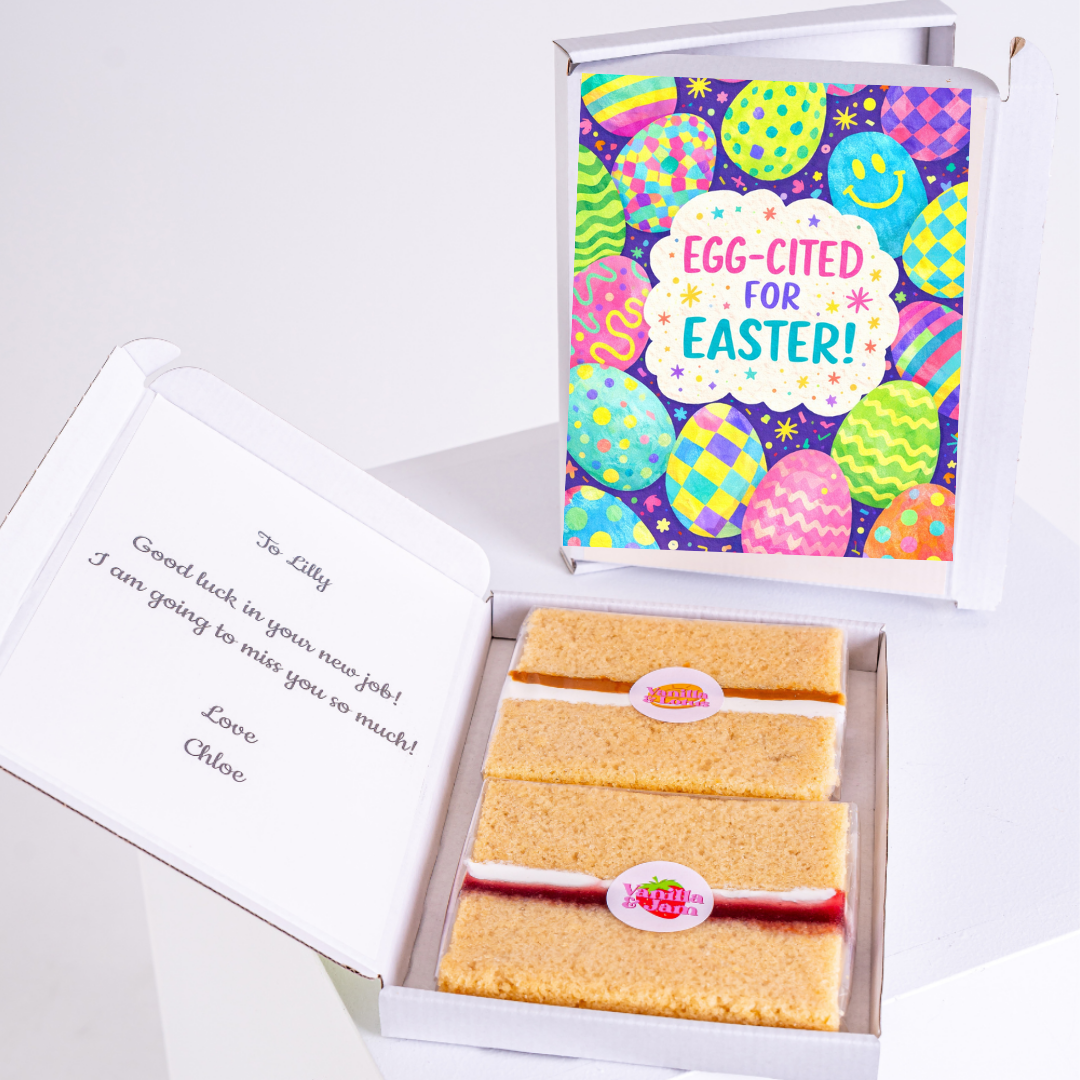 Colorful Easter card with the text "EGG-CITED FOR EASTER!" featuring patterned Easter eggs.