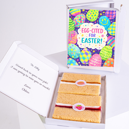 Colorful Easter card with the text "EGG-CITED FOR EASTER!" featuring patterned Easter eggs.