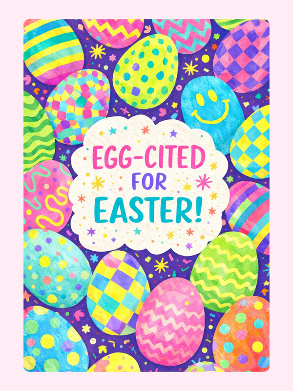 Easter cake card with an "EGG-CITED FOR EASTER!" design and a personal message.