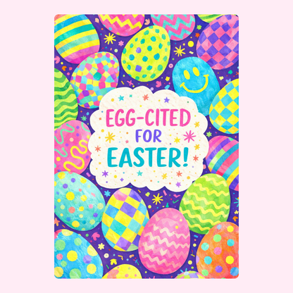 Easter cake card with an "EGG-CITED FOR EASTER!" design and a personal message.