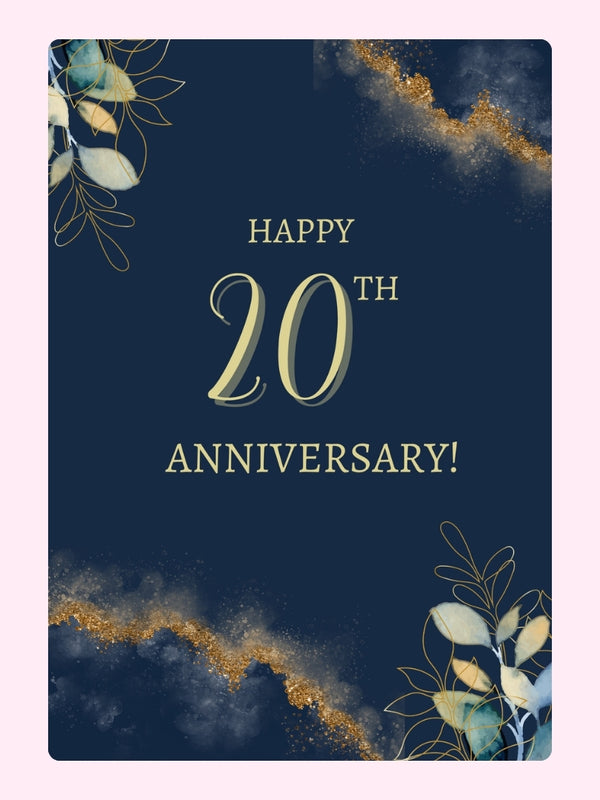 Elegant 20th anniversary design in navy and gold.
