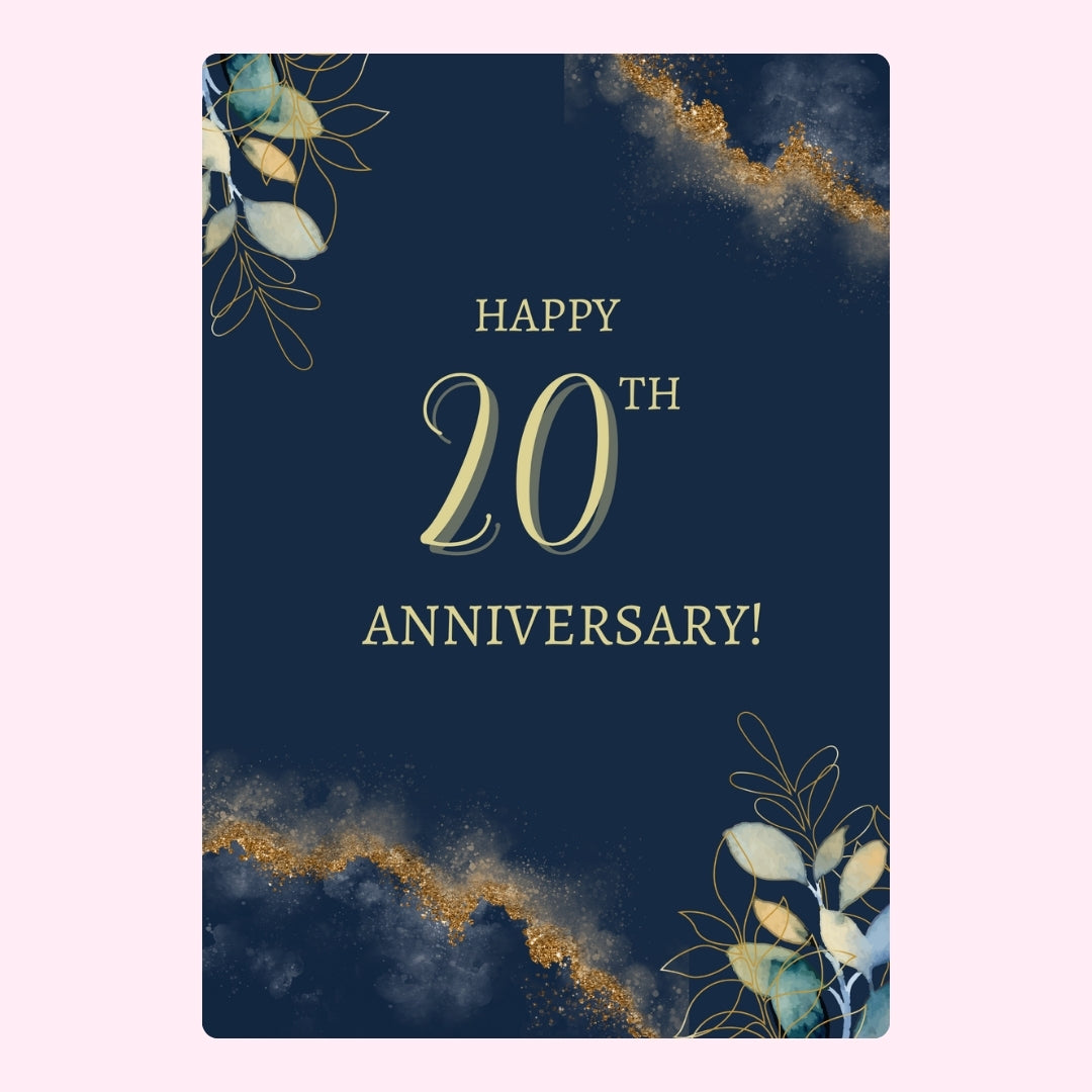 Elegant 20th anniversary design in navy and gold.