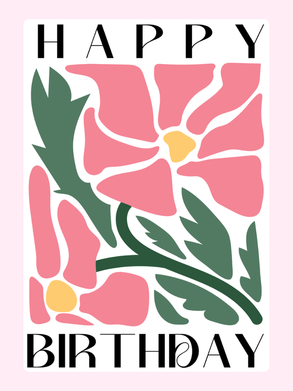 bold floral birthday card with pink flower and green leaves design