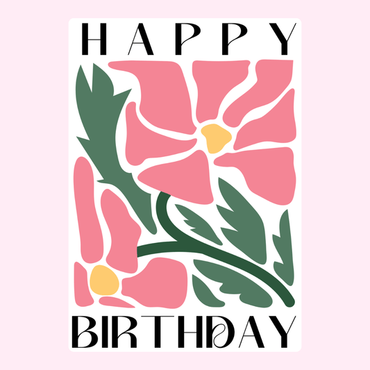 bold floral birthday card with pink flower and green leaves design