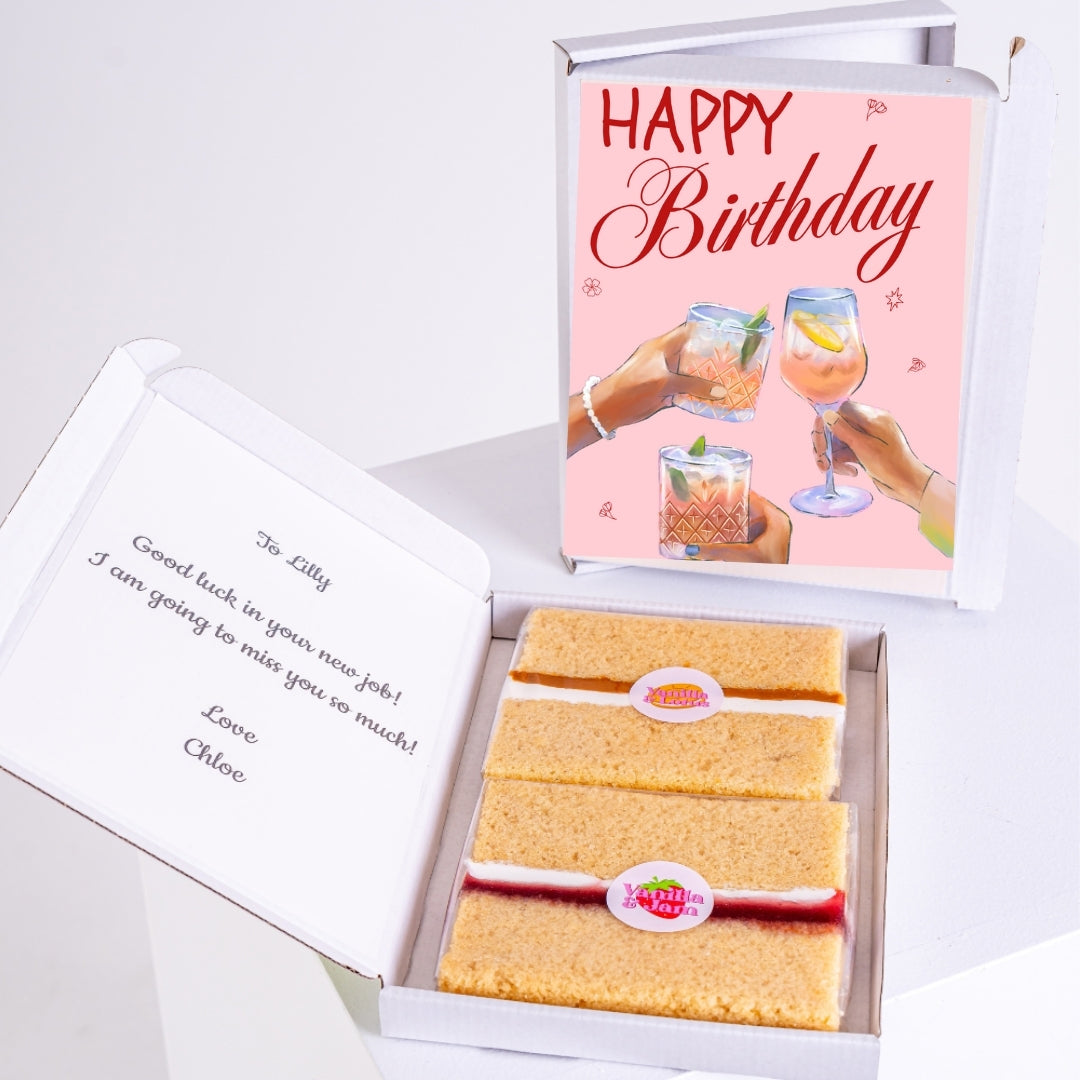 Vanilla cake gift with bold cocktail birthday design