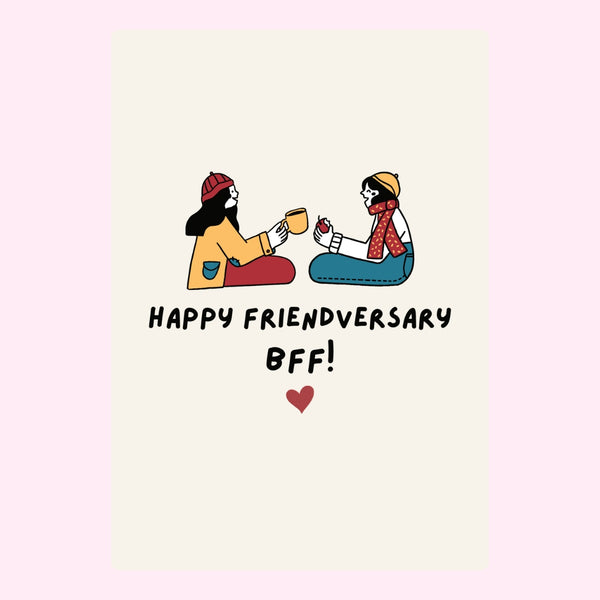 Friends sharing drinks with Friendversary message.
