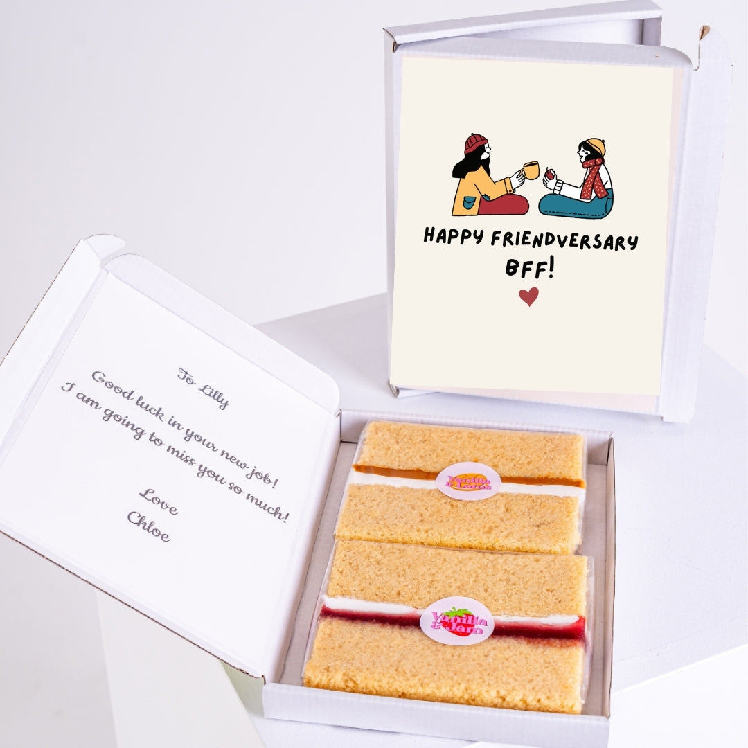 Friendversary gift box with slices and message.
