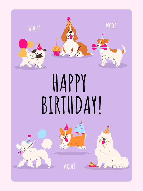 Playful dog birthday card with party hats, balloons, and a "Happy Birthday" message.