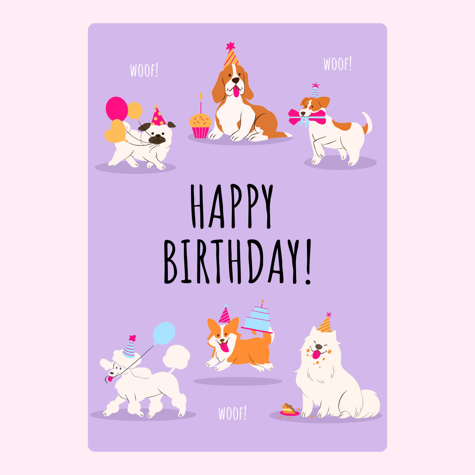 Playful dog birthday card with party hats, balloons, and a "Happy Birthday" message.