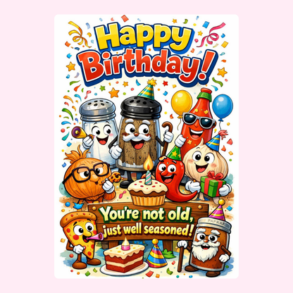 Colorful card with food characters and birthday message