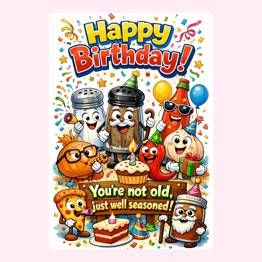 Colorful card with food characters and birthday message