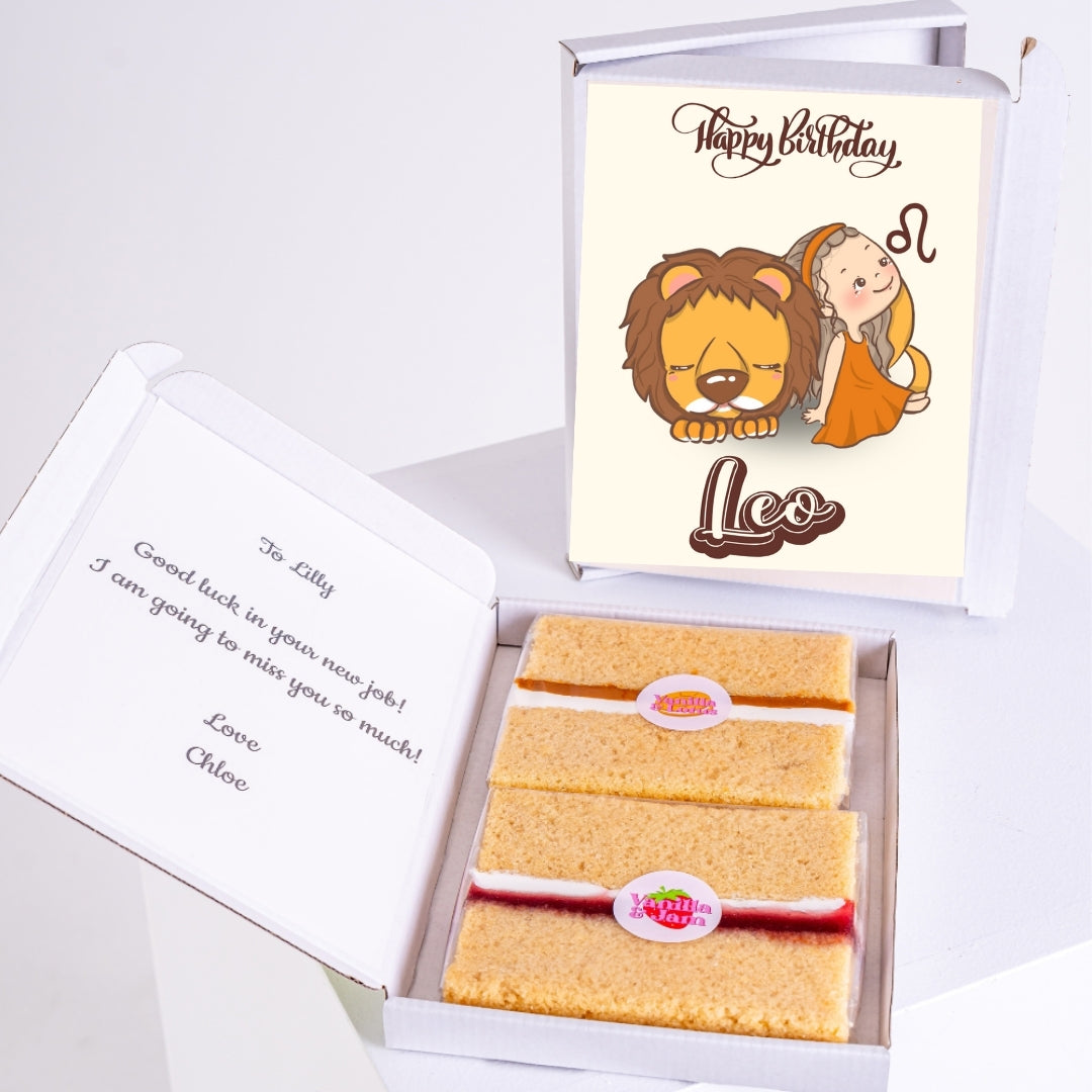 Gift box with Leo message and two cake slices.