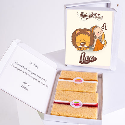 Gift box with Leo message and two cake slices.