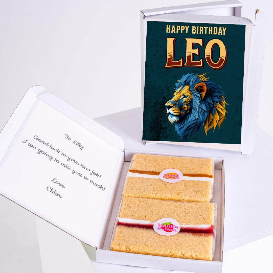Gift box with Leo message and two cake slices.