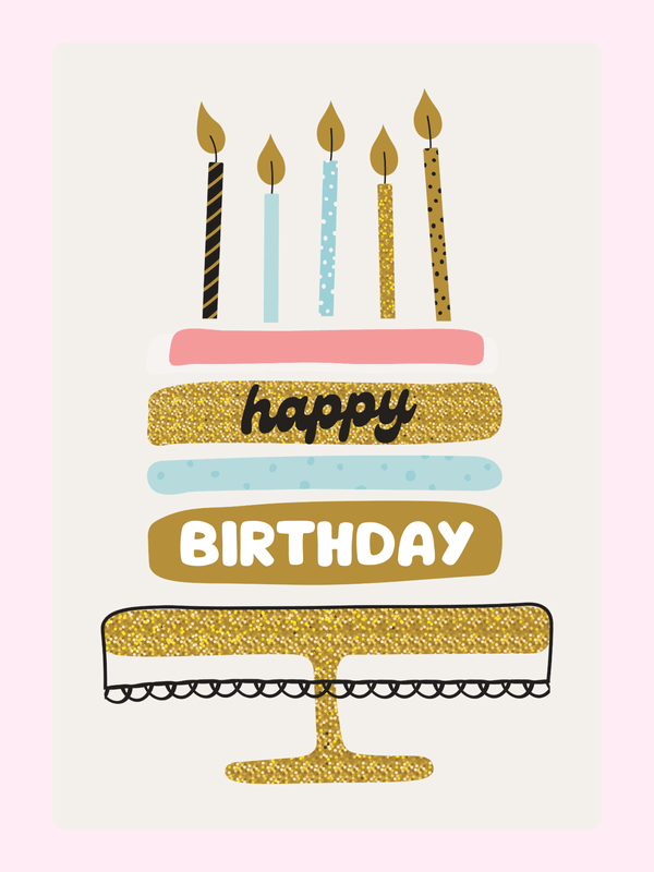 Colorful glittery birthday cake card with "Happy Birthday" and decorative candles.