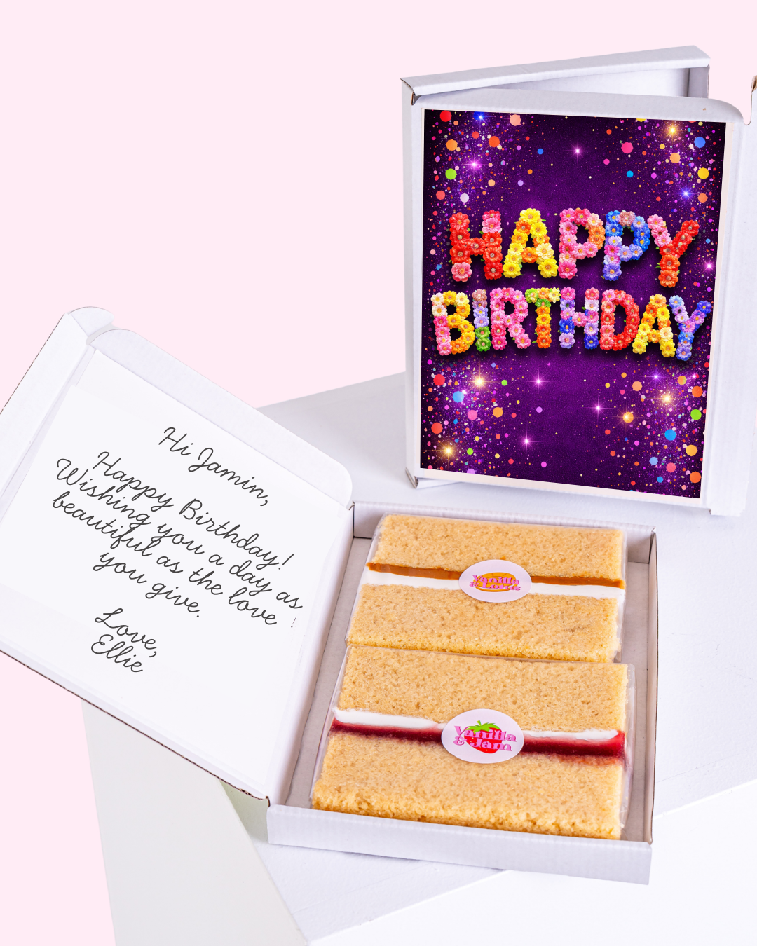 Happy Birthday cake card with personalized message and vanilla biscuits inside