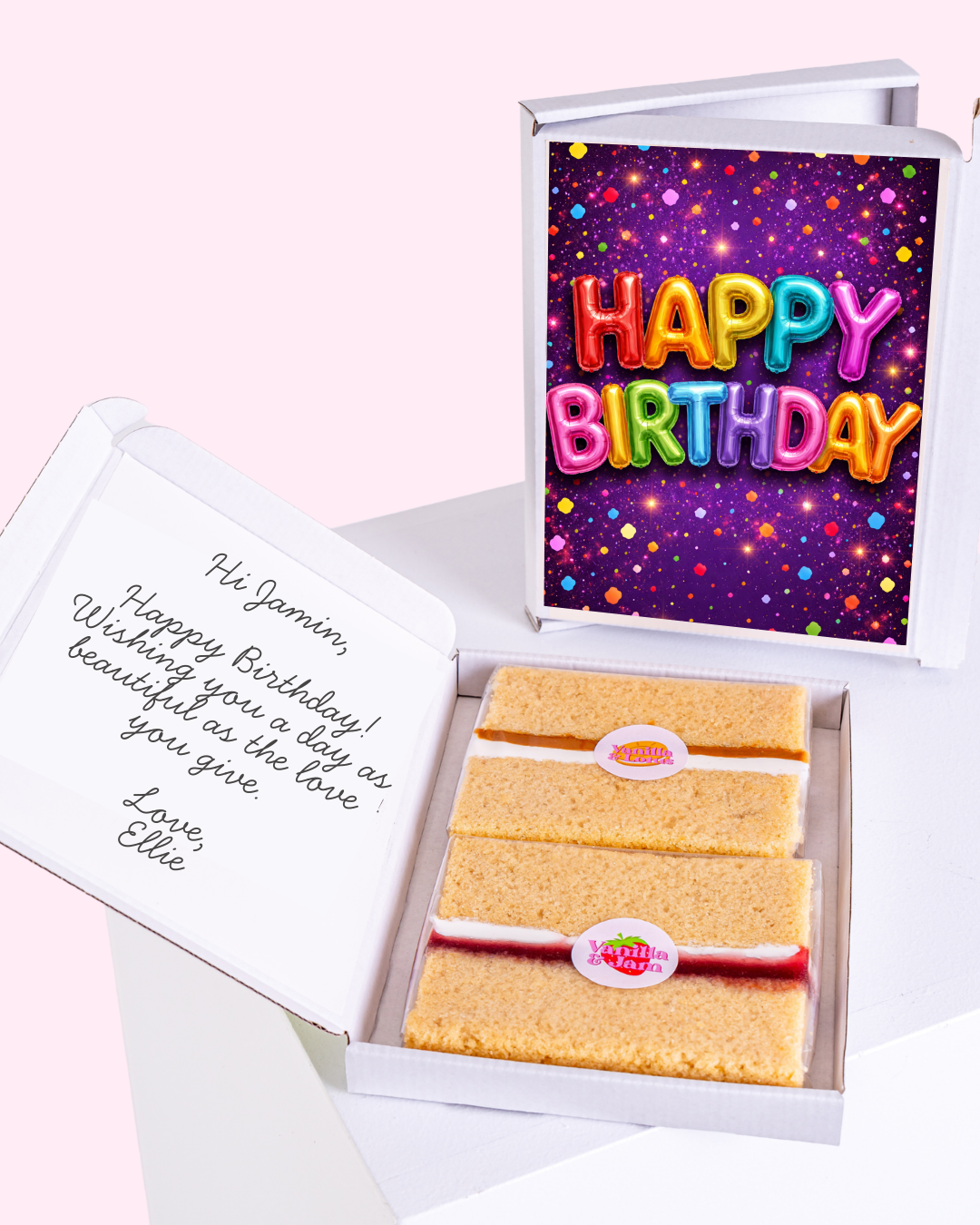 Colorful balloon "Happy Birthday" cake card with personalized message and vanilla biscuits inside