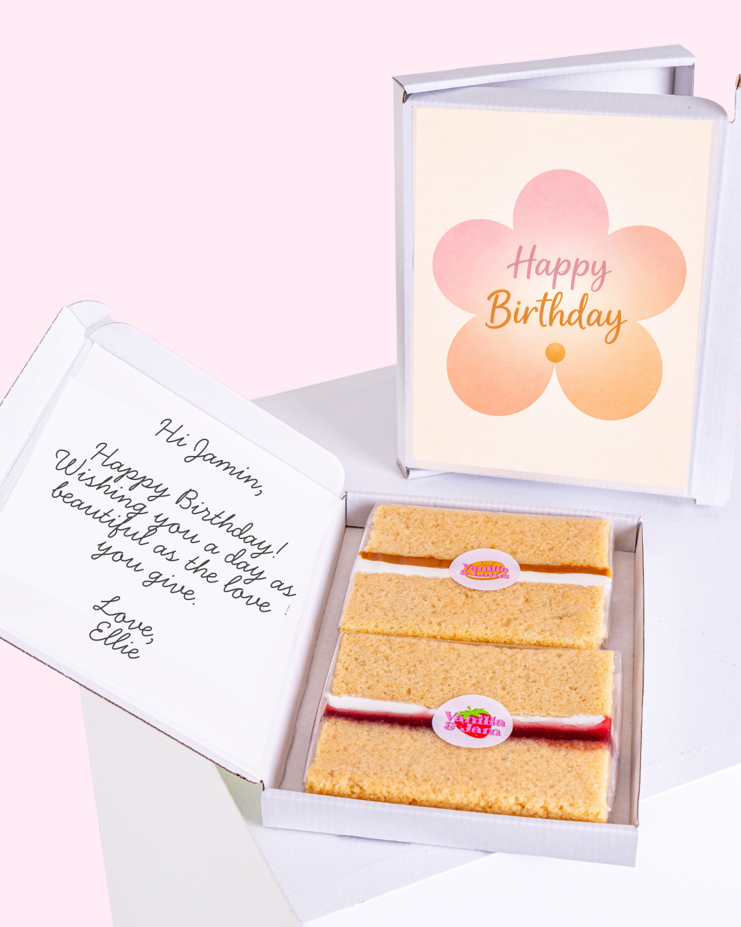 Flower-shaped "Happy Birthday" card with vanilla biscuits inside