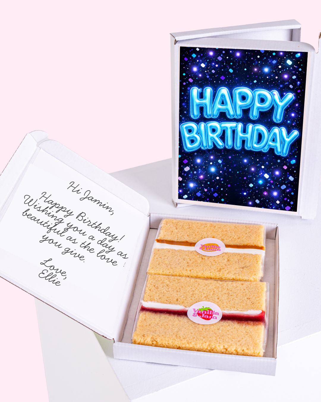Neon "Happy Birthday" cake card with personalized message and vanilla biscuits inside