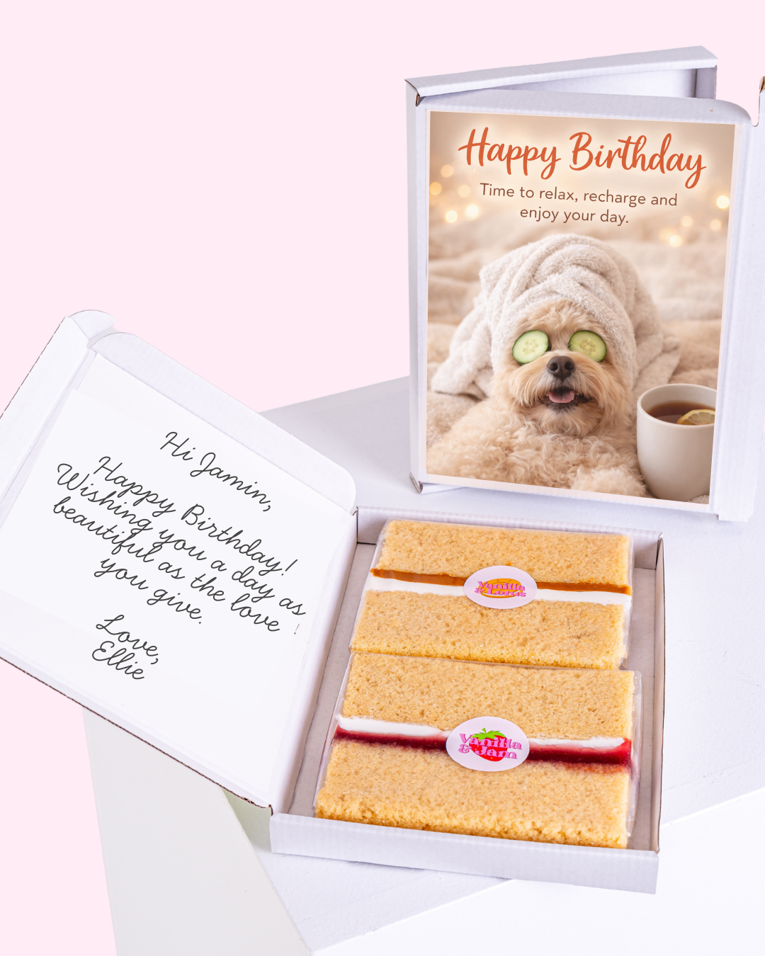 Dog with cucumber eyes on "Happy Birthday" card, with vanilla biscuits inside