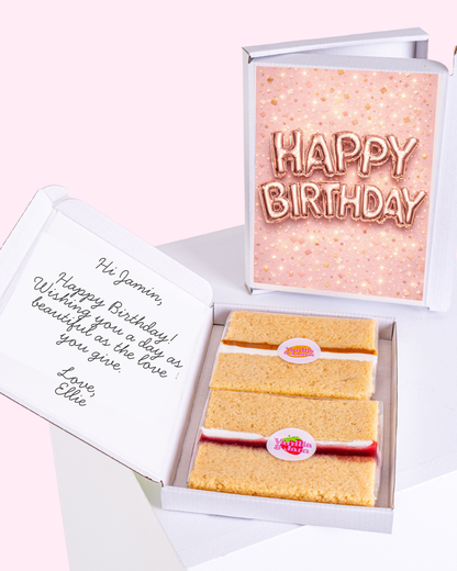 Happy Birthday" cake card with personalized message and vanilla biscuits inside