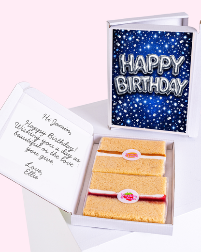Silver balloon "Happy Birthday" cake card with personalized message and vanilla biscuits inside