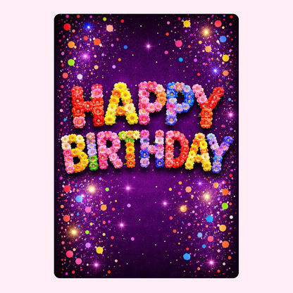 Colorful "Happy Birthday" floral design card with sparkles on purple background