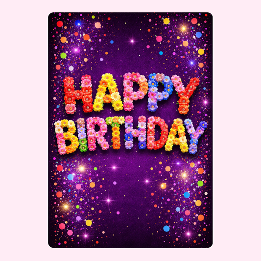 Colorful "Happy Birthday" floral design card with sparkles on purple background