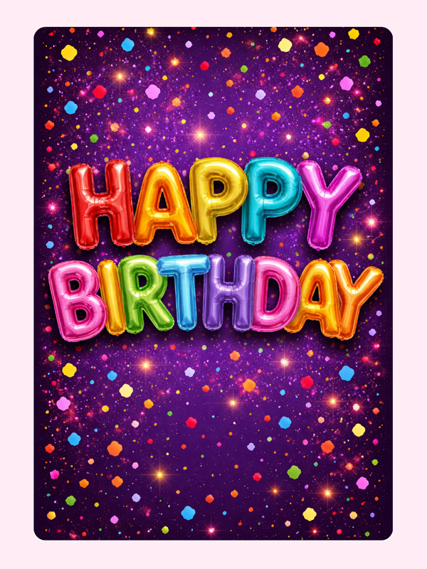 "Happy Birthday" balloon letters on a vibrant purple and colorful starry background