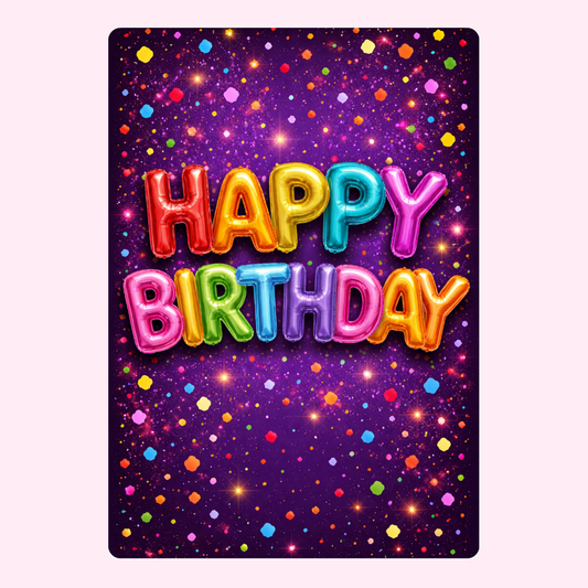 "Happy Birthday" balloon letters on a vibrant purple and colorful starry background