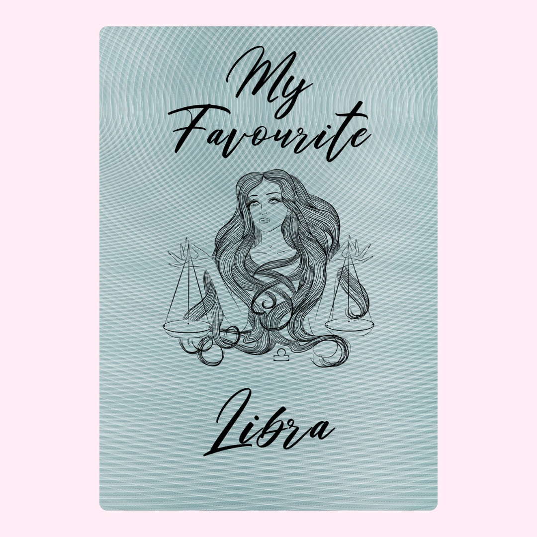 Happy Birthday Libra with Libra illustration and scales in pastel blue.