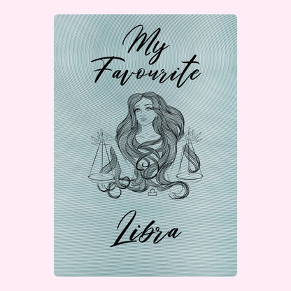 Happy Birthday Libra with Libra illustration and scales in pastel blue.