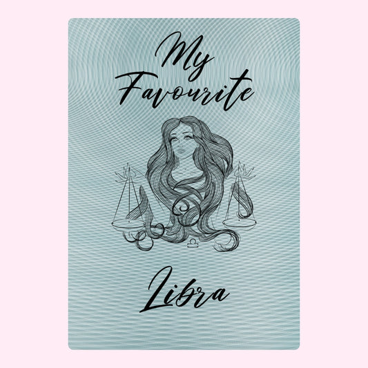 Happy Birthday Libra with Libra illustration and scales in pastel blue.