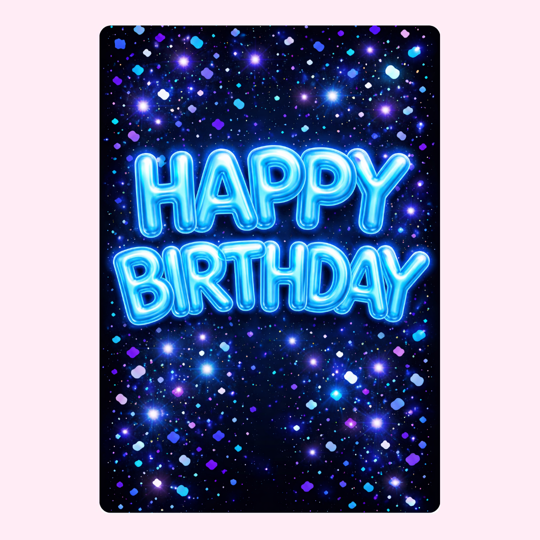 Happy Birthday neon-style text card on a cosmic starry background