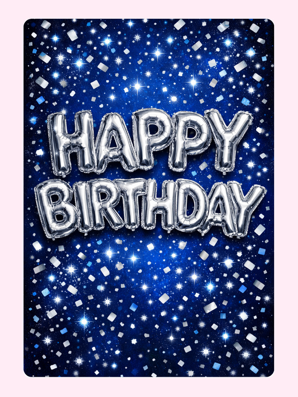 Silver balloon "Happy Birthday" on a starry blue background