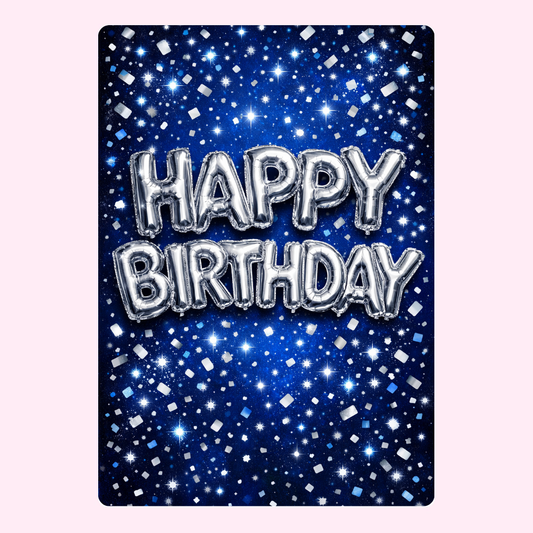 Silver balloon "Happy Birthday" on a starry blue background