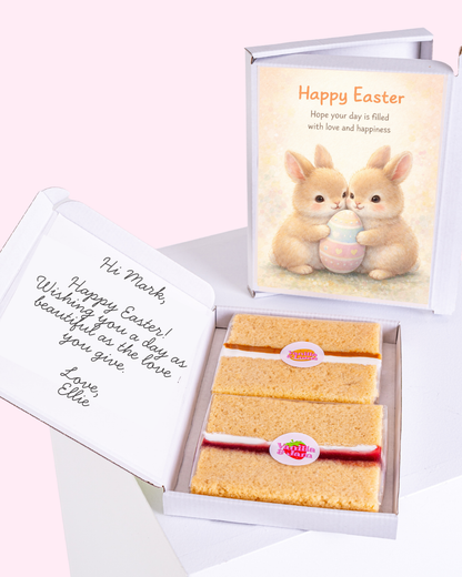 Two bunnies holding a pastel-colored Easter egg with a greeting card.