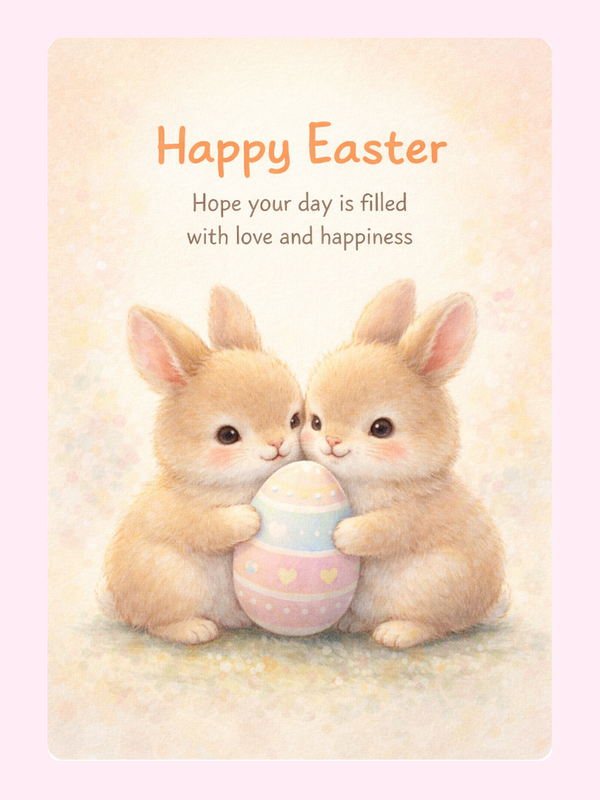 Two bunnies holding a pastel-colored Easter egg.