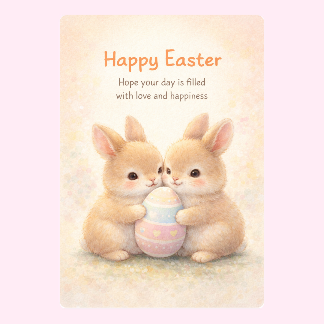 Two bunnies holding a pastel-colored Easter egg.