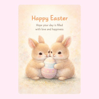 Two bunnies holding a pastel-colored Easter egg.