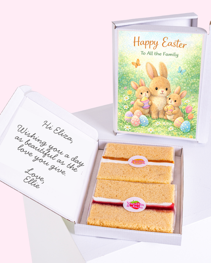 Easter cake card with a "Happy Easter to All the Family" design and a personal message inside